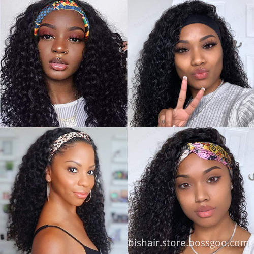 Wig headband real human hair without lace front deep wave wig machine made without glue headband curly hair 150% density black
